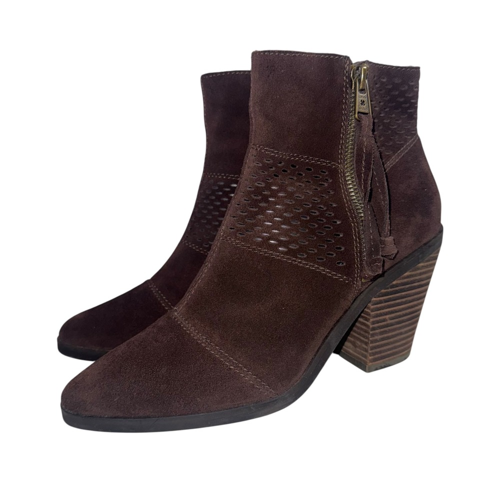 Lucky Brand Ramses Brown Suede Perforated Ankle Boots 8M Block Heel Tassel Boot